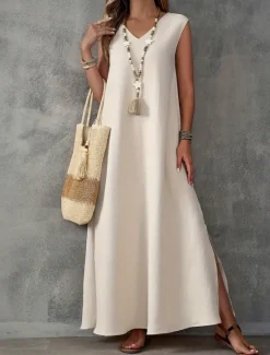Online Women's Maxi Dress A Line Dress Summer Dress Casual Daily Regular Fit Plain Sleeveless V Neck Black White Light Purple Green Summer Women Sundresses|Casual Dress