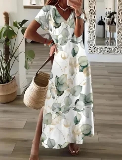 Sale Women's Maxi Dress A Line Dress Vacation Casual Beach Vacation Daily Going out Regular Fit Floral Graphic Leaf Short Sleeve V Neck Spring Fall Women Casual Dress
