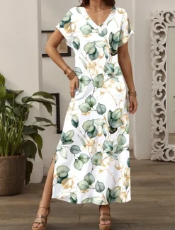 Sale Women's Maxi Dress A Line Dress Vacation Casual Beach Vacation Daily Going out Regular Fit Floral Graphic Leaf Short Sleeve V Neck Spring Fall Women Casual Dress