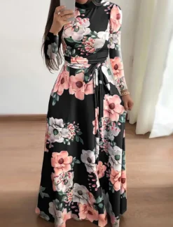 Best Women's Maxi Dress A Line Dress Vacation Casual Semi Formal Office Regular Fit Floral Short Sleeve Turtleneck Black Navy Blue Blue Summer Spring Fall Women Work Dresses|Floral Dresses