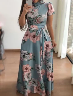 Best Women's Maxi Dress A Line Dress Vacation Casual Semi Formal Office Regular Fit Floral Short Sleeve Turtleneck Black Navy Blue Blue Summer Spring Fall Women Work Dresses|Floral Dresses