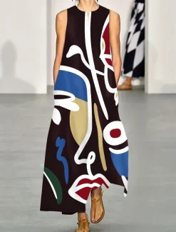 Sale Women's Maxi Dress A Line Dress Summer Dress Vacation Casual Boho Daily Holiday Loose Fit Graphic Abstract Sleeveless V Neck White Red Blue Summer Women Vacation Dresses