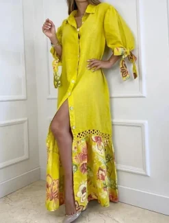 New Women's Maxi Dress A Line Dress Vacation Casual Beach Outdoor Going out Regular Fit Floral Graphic 3/4 Length Sleeve V Neck White Yellow Pink Blue Summer Spring Women Shirts