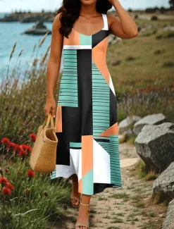 Hot Women's Maxi Dress A Line Dress Summer Dress Off The Shoulder Dress Vacation Casual Party Date Regular Fit Graphic Geometry Sleeveless Square Neck Pink Orange Gray Summer Spring Women Sundresses