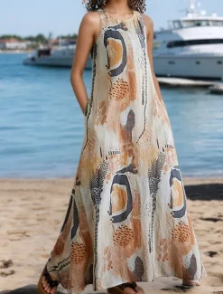 Discount Women's Maxi Dress A Line Dress Summer Dress Boho Daily Holiday Regular Fit Graphic Color Block Sleeveless Crew Neck White Khaki Beige Summer Women Floral Dresses