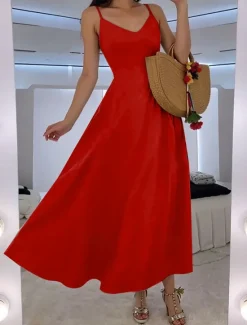 Best Women's Maxi Dress A Line Dress Slip Dress Vacation Casual Beach Wedding Outdoor Party Regular Fit Solid Color Sleeveless V Neck Black Pink Red Blue Summer Spring Women Vacation Dresses