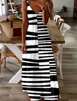 Discount Women's Maxi Dress A Line Dress Summer Dress Slip Dress Vacation Casual Regular Fit Graphic Stripe Sleeveless V Neck Summer Spring Women Vacation Dresses
