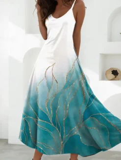 Online Women's Maxi Dress A Line Dress Slip Dress Vacation Casual Beach Going out Beach Regular Fit Floral Graphic Sleeveless V Neck Black Green Light Green Red Blue Summer Spring Women Vacation Dresses
