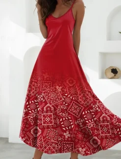 Online Women's Maxi Dress A Line Dress Slip Dress Vacation Casual Beach Going out Beach Regular Fit Floral Graphic Sleeveless V Neck Black Green Light Green Red Blue Summer Spring Women Vacation Dresses