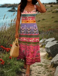 Sale Women's Maxi Dress A Line Dress Off The Shoulder Dress Vacation Casual Boho Party Going out Beach Standard Fit Graphic Tribal Sleeveless Square Neck Black White Red Blue Summer Spring Women Vacation Dresses|Floral Dresses