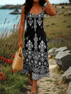 Sale Women's Maxi Dress A Line Dress Off The Shoulder Dress Vacation Casual Boho Party Going out Beach Standard Fit Graphic Tribal Sleeveless Square Neck Black White Red Blue Summer Spring Women Vacation Dresses|Floral Dresses