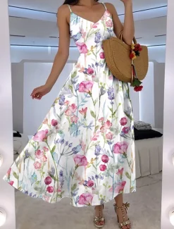 Women's Maxi Dress A Line Dress Slip Dress Vacation Casual Boho Party Going out Standard Fit Floral Graphic Sleeveless V Neck White Pink Blue Green Summer Spring Women Vacation Dresses|Floral Dresses
