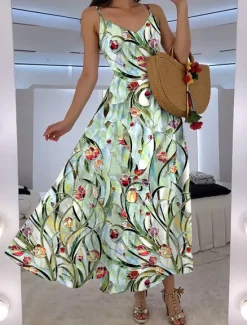 Women's Maxi Dress A Line Dress Slip Dress Vacation Casual Boho Party Going out Standard Fit Floral Graphic Sleeveless V Neck White Pink Blue Green Summer Spring Women Vacation Dresses|Floral Dresses