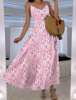 Women's Maxi Dress A Line Dress Slip Dress Vacation Casual Boho Party Going out Standard Fit Floral Graphic Sleeveless V Neck White Pink Blue Green Summer Spring Women Vacation Dresses|Floral Dresses