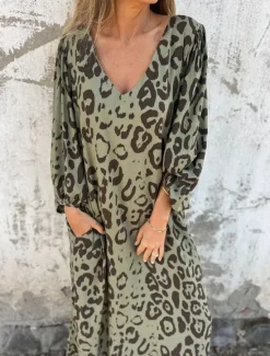 Clearance Women's Maxi Dress A Line Dress Casual Outdoor Going out Regular Fit Leopard Long Sleeve V Neck White Sky Blue Dark Green Green Summer Women Vacation Dresses|Floral Dresses