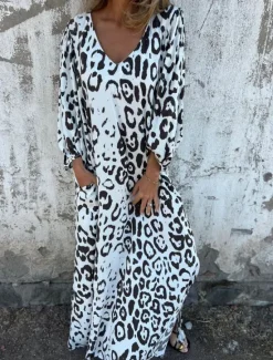 Clearance Women's Maxi Dress A Line Dress Casual Outdoor Going out Regular Fit Leopard Long Sleeve V Neck White Sky Blue Dark Green Green Summer Women Vacation Dresses|Floral Dresses