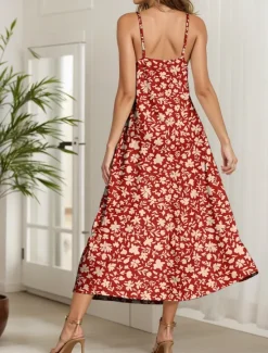 Clearance Women's Maxi Dress A Line Dress Summer Dress Slip Dress Elegant Vacation Casual Regular Fit Floral Graphic Sleeveless V Neck Spaghetti Strap Red Blue Purple Green Summer Spring Women Vacation Dresses