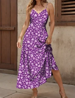 Clearance Women's Maxi Dress A Line Dress Summer Dress Slip Dress Elegant Vacation Casual Regular Fit Floral Graphic Sleeveless V Neck Spaghetti Strap Red Blue Purple Green Summer Spring Women Vacation Dresses