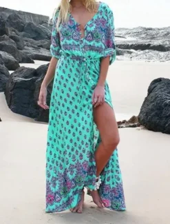 Sale Women's Maxi Dress A Line Dress Casual Party Beach Regular Fit Graphic 3/4 Length Sleeve V Neck Pink Blue Green Summer Spring Women Vacation Dresses