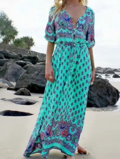 Sale Women's Maxi Dress A Line Dress Casual Party Beach Regular Fit Graphic 3/4 Length Sleeve V Neck Pink Blue Green Summer Spring Women Vacation Dresses