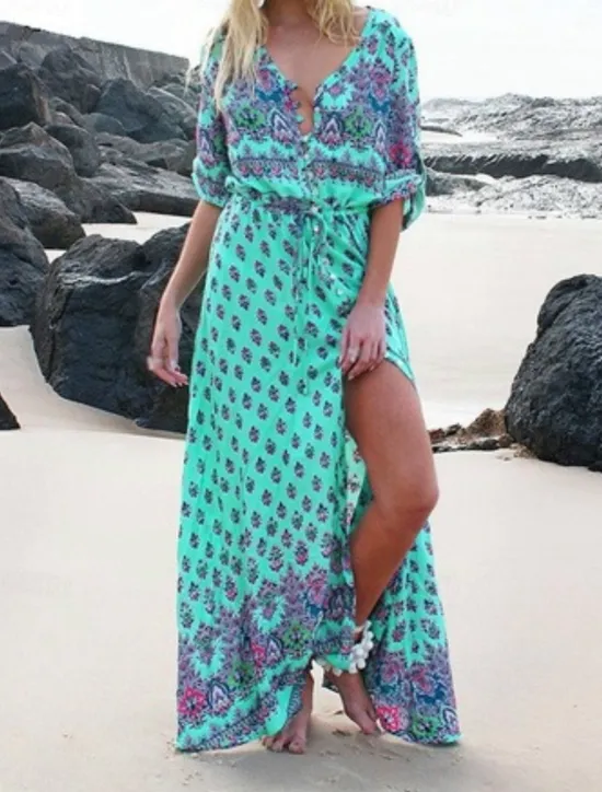 Sale Women's Maxi Dress A Line Dress Casual Party Beach Regular Fit Graphic 3/4 Length Sleeve V Neck Pink Blue Green Summer Spring Women Vacation Dresses