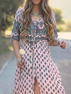 Sale Women's Maxi Dress A Line Dress Casual Party Beach Regular Fit Graphic 3/4 Length Sleeve V Neck Pink Blue Green Summer Spring Women Vacation Dresses