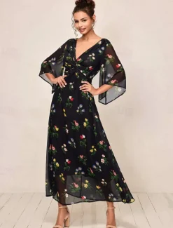 Outlet Women's Maxi Dress A Line Dress Elegant Stylish Flared Sleeve Wedding Guest Daily Cocktail Party Regular Fit Floral 3/4 Length Sleeve V Neck Summer Fall Women Chiffon Dresses