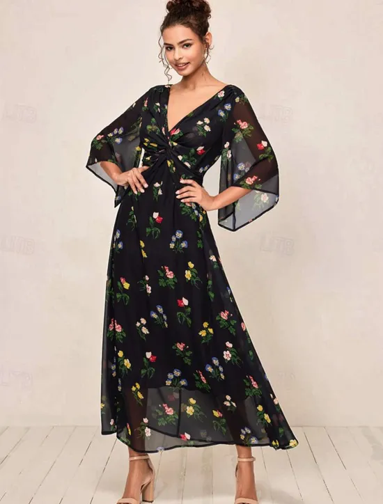 Outlet Women's Maxi Dress A Line Dress Elegant Stylish Flared Sleeve Wedding Guest Daily Cocktail Party Regular Fit Floral 3/4 Length Sleeve V Neck Summer Fall Women Chiffon Dresses