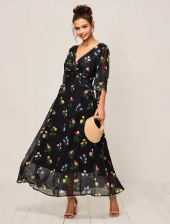 Outlet Women's Maxi Dress A Line Dress Elegant Stylish Flared Sleeve Wedding Guest Daily Cocktail Party Regular Fit Floral 3/4 Length Sleeve V Neck Summer Fall Women Chiffon Dresses