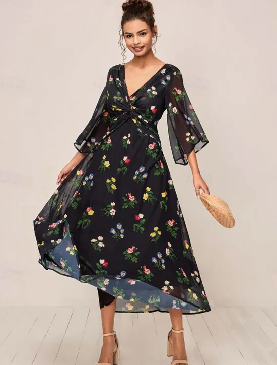 Outlet Women's Maxi Dress A Line Dress Elegant Stylish Flared Sleeve Wedding Guest Daily Cocktail Party Regular Fit Floral 3/4 Length Sleeve V Neck Summer Fall Women Chiffon Dresses