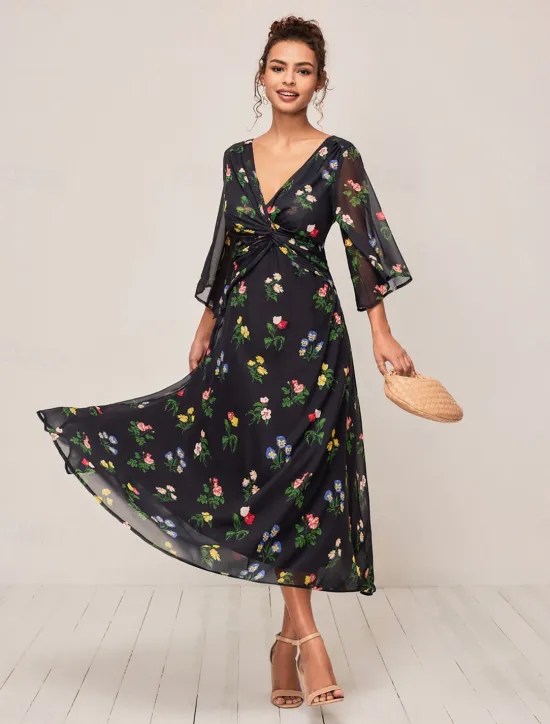 Outlet Women's Maxi Dress A Line Dress Elegant Stylish Flared Sleeve Wedding Guest Daily Cocktail Party Regular Fit Floral 3/4 Length Sleeve V Neck Summer Fall Women Chiffon Dresses