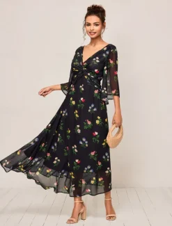 Outlet Women's Maxi Dress A Line Dress Elegant Stylish Flared Sleeve Wedding Guest Daily Cocktail Party Regular Fit Floral 3/4 Length Sleeve V Neck Summer Fall Women Chiffon Dresses