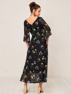 Outlet Women's Maxi Dress A Line Dress Elegant Stylish Flared Sleeve Wedding Guest Daily Cocktail Party Regular Fit Floral 3/4 Length Sleeve V Neck Summer Fall Women Chiffon Dresses