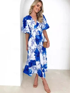 Discount Women's Maxi Dress A Line Dress Vacation Party Birthday Puff Sleeve Party Birthday Daily Regular Fit Floral Graphic Short Sleeve V Neck Orange flowers blue and white print Pink Smudge Summer Women Casual Dress