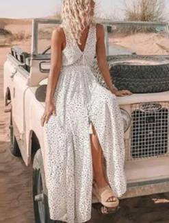Clearance Women's Maxi Dress A Line Dress Slip Dress Casual Outdoor Going out Regular Fit Polka Dot Sleeveless Spaghetti Strap Light Blue White Pink Beige Summer Women Vacation Dresses