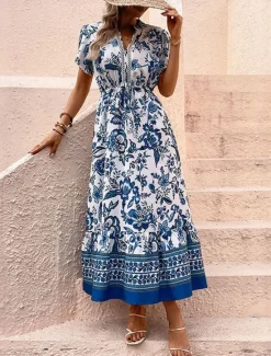 Women's Maxi Dress A Line Dress Floral Dress Boho Dress Stylish Casual Vacation Casual Daily Regular Fit Floral Short Sleeve V Neck Summer Spring Women Vacation Dresses