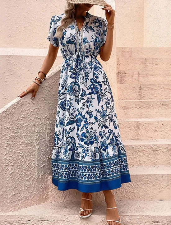 Women's Maxi Dress A Line Dress Floral Dress Boho Dress Stylish Casual Vacation Casual Daily Regular Fit Floral Short Sleeve V Neck Summer Spring Women Vacation Dresses