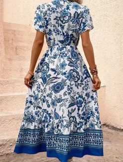 Women's Maxi Dress A Line Dress Floral Dress Boho Dress Stylish Casual Vacation Casual Daily Regular Fit Floral Short Sleeve V Neck Summer Spring Women Vacation Dresses