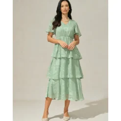 Best Women's Maxi Dress A Line Dress Elegant Formal Flutter Sleeve Wedding Guest Cocktail Party Regular Fit Plain Short Sleeve V Neck Summer Women Cocktail Dress