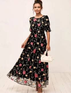Best Women's Maxi Dress Dress A Line Dress Elegant Stylish Puff Sleeve Vacation Daily Loose Fit Floral Short Sleeve Crew Neck Summer Women Chiffon Dresses