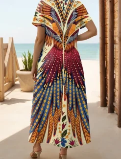 Clearance Women's Maxi Dress Black Dress Long Sleeve Boho Dress Elegant Bohemia Vacation Butterfly Sleeve Vacation Beach Regular Fit Floral Graphic Short Sleeve Crew Neck Maroon White Yellow Light Green Women T Shirt Dresses