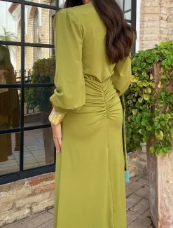 Clearance Women's Maxi Dress Bodycon Emerald Dress Elegant Wedding Guest Date Regular Fit Plain Long Sleeve V Neck Summer Spring Women Cocktail Dress