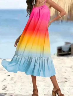 Discount Women's Maxi Dress Cami Dress Floral Ruffle Hem Strap Bohemia Vacation Sleeveless Summer Beach Women Vacation Dresses