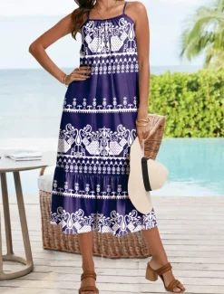 Discount Women's Maxi Dress Cami Dress Floral Ruffle Hem Strap Bohemia Vacation Sleeveless Summer Beach Women Vacation Dresses