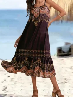 Discount Women's Maxi Dress Cami Dress Floral Ruffle Hem Strap Bohemia Vacation Sleeveless Summer Beach Women Vacation Dresses