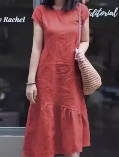 Hot Women's Maxi Dress Casual Dress Cotton Linen Dress A Line Dress Basic Casual Vacation Daily Regular Fit Plain Short Sleeve Crew Neck Yellow Red Blue Purple Summer Women Casual Dress