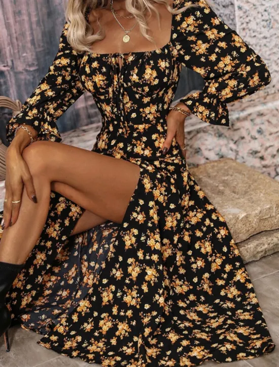 Outlet Women's Maxi Dress Casual Dress Swing Dress A Line Dress Summer Dress Streetwear A Line Vacation Street Holiday Regular Fit Floral Long Sleeve Square Neck White Blue Purple Gold Summer Women Spring Dresses