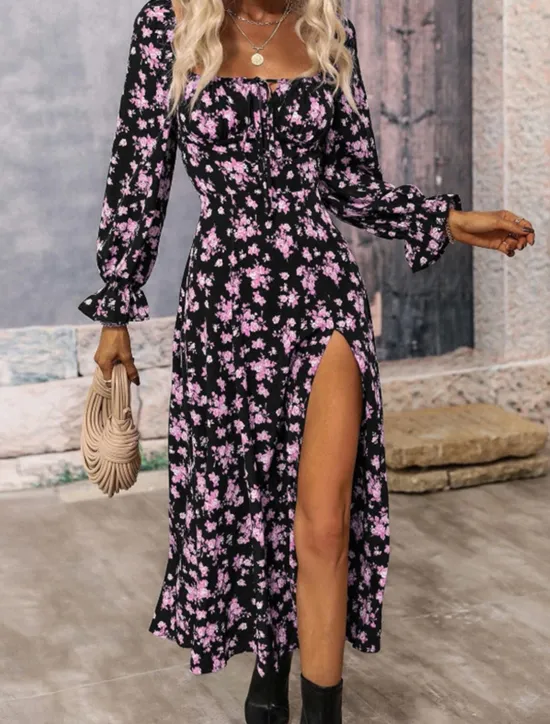 Outlet Women's Maxi Dress Casual Dress Swing Dress A Line Dress Summer Dress Streetwear A Line Vacation Street Holiday Regular Fit Floral Long Sleeve Square Neck White Blue Purple Gold Summer Women Spring Dresses