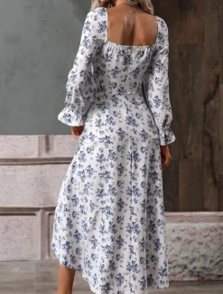 Outlet Women's Maxi Dress Casual Dress Swing Dress A Line Dress Summer Dress Streetwear A Line Vacation Street Holiday Regular Fit Floral Long Sleeve Square Neck White Blue Purple Gold Summer Women Spring Dresses