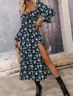Outlet Women's Maxi Dress Casual Dress Swing Dress A Line Dress Summer Dress Streetwear A Line Vacation Street Holiday Regular Fit Floral Long Sleeve Square Neck White Blue Purple Gold Summer Women Spring Dresses
